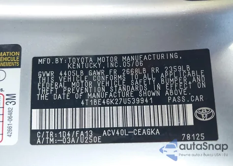 2007 Toyota Camry Xle z USA, uszkodzony, nr VIN 4T1BE46K27U539941